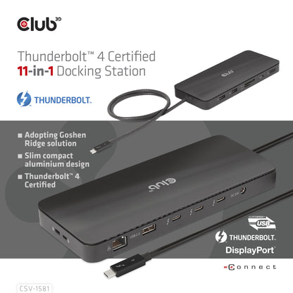 CLUB3D CSV-1581 dockningsstationer för bärbara datorer Dockning Thunderbolt 4 Svart