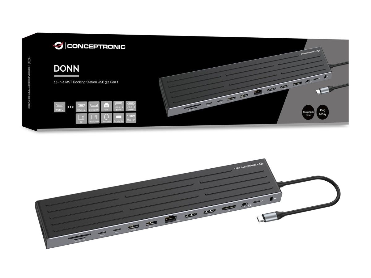 Conceptronic DONN32B dockningsstationer för bärbara datorer Kabel USB 3.2 Gen 1 (3.1 Gen 1) Type-C Grå, Silver