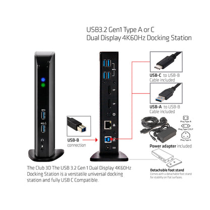 CLUB3D USB3.2 Gen1 Type A or C Dual Display 4K60Hz Docking Station