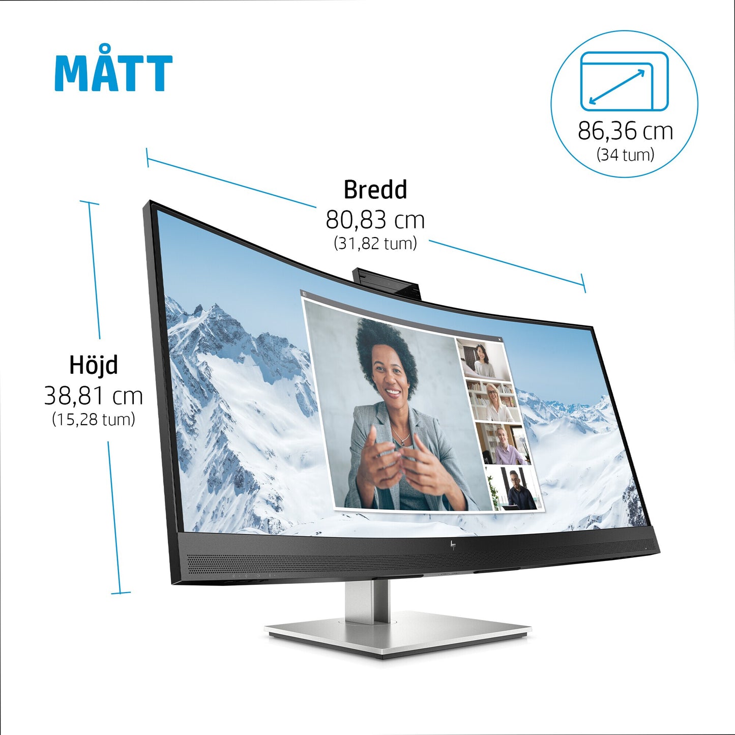 HP E34m G4 välvd WQHD-USB-C-bildskärm för konferenssamtal