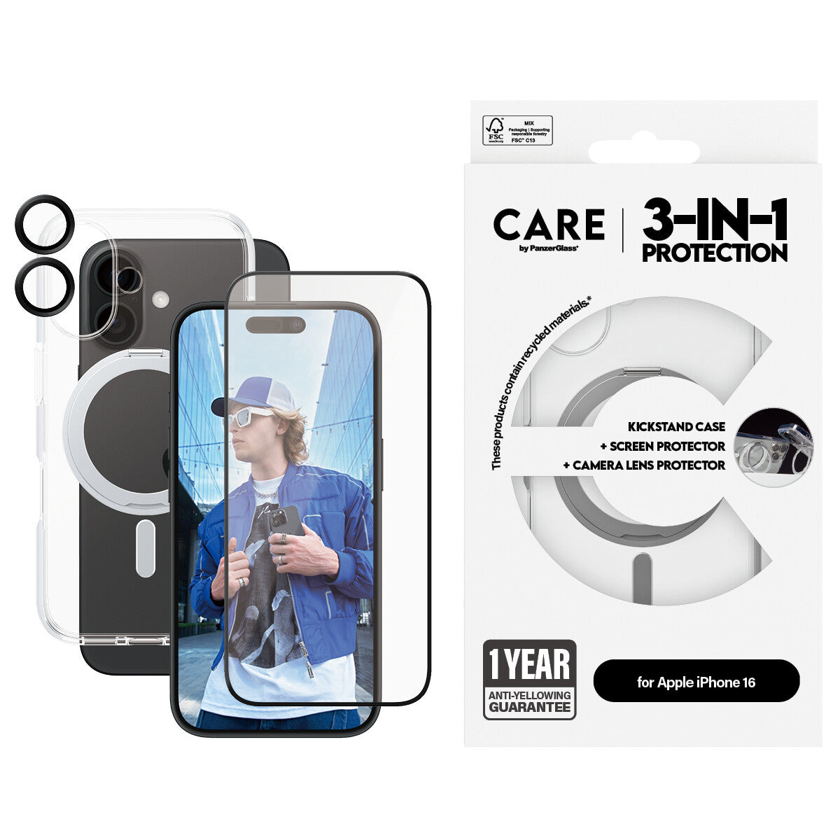 PanzerGlass CARE™ by ® 3-in-1 Ceramic Bundle iPhone 16 mobiltelefonfodral Mobilskal Transparent