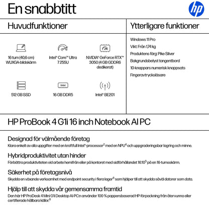 HP ProBook 4 G1i AI PC Intel Core Ultra 7 255U Bärbar dator 40,6 cm (16") WUXGA 16 GB DDR5-SDRAM 512 GB SSD Wi-Fi 7 (802.11be) Windows 11 Pro Silver