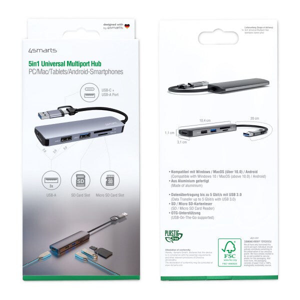 4smarts 469630 dockningsstationer för bärbara datorer Kabel USB 3.2 Gen 1 (3.1 Gen 1) Type-A + Type-C Grå