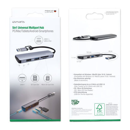 4smarts 469630 dockningsstationer för bärbara datorer Kabel USB 3.2 Gen 1 (3.1 Gen 1) Type-A + Type-C Grå