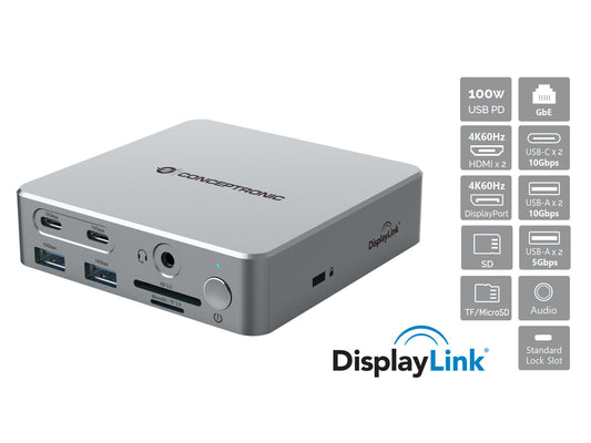 Conceptronic DONN25G dockningsstationer för bärbara datorer Kabel USB 3.2 Gen 2 (3.1 Gen 2) Type-C Silver