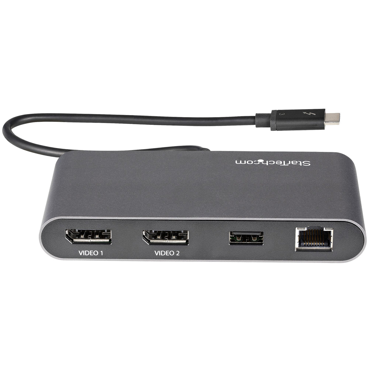 StarTech.com Thunderbolt Mini-dockningsstation för dubbla bildskärmar, 4K 60 Hz DisplayPort, drivrutinsfri hubb för Windows och Mac, Gigabit Ethernet, 1x USB-A (USB 5 Gbps), 28 cm kabel