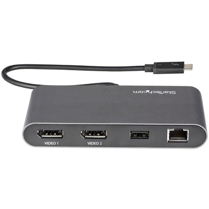 StarTech.com Thunderbolt Mini-dockningsstation för dubbla bildskärmar, 4K 60 Hz DisplayPort, drivrutinsfri hubb för Windows och Mac, Gigabit Ethernet, 1x USB-A (USB 5 Gbps), 28 cm kabel