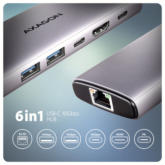 Axagon HMC-6G2L dockningsstationer för bärbara datorer Kabel USB 3.2 Gen 2 (3.1 Gen 2) Type-C Gjuten aluminium