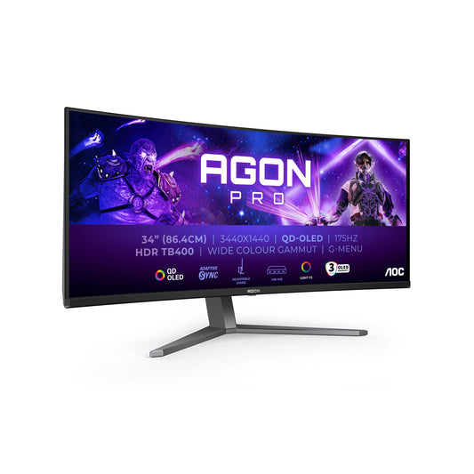 AOC AGON PRO AG346UCD platta pc-skärmar 86,4 cm (34") 3440 x 1440 pixlar Wide Quad HD QD-OLED Svart, Grå