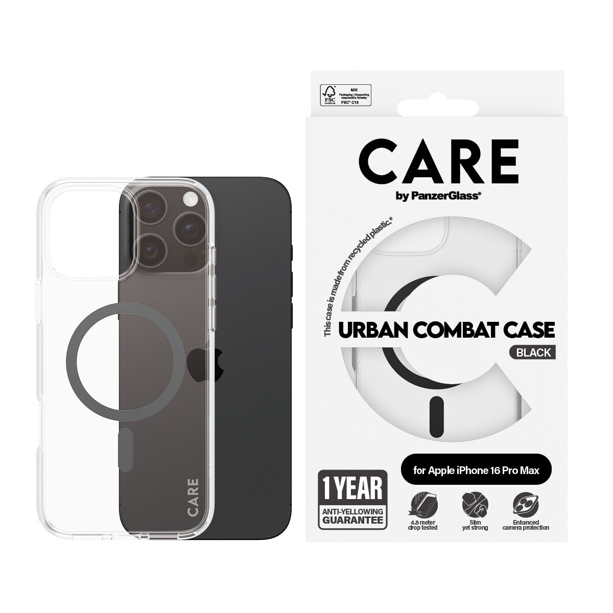 PanzerGlass CARE™ by ® Urban Combat Case Transparent w. Black MagSafe iPhone 16 Pro Max mobiltelefonfodral Mobilskal Svart