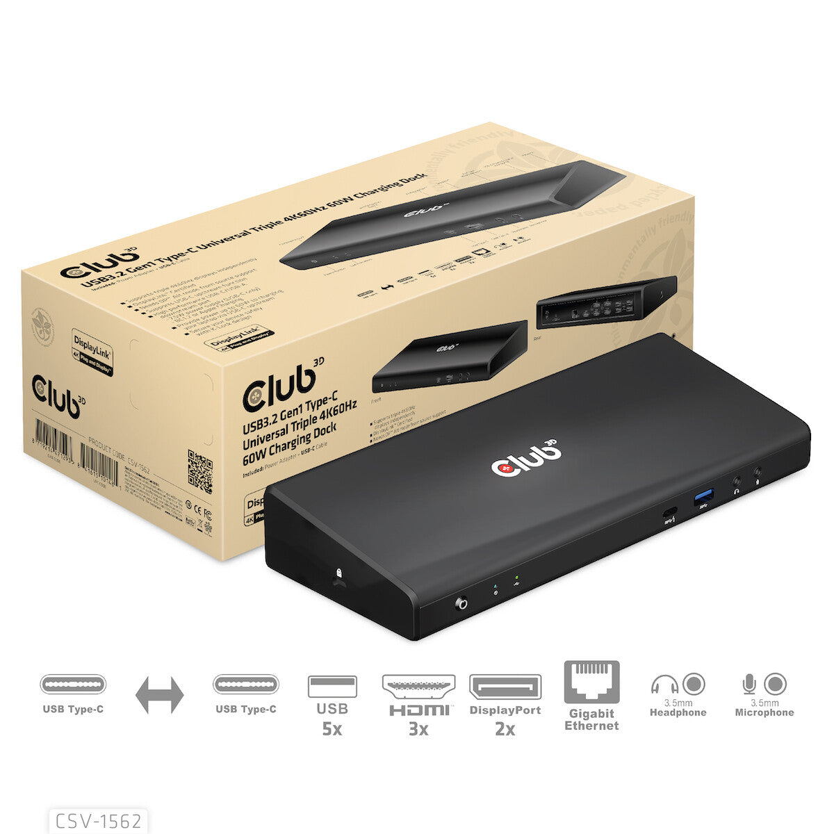 CLUB3D CSV-1562 dockningsstationer för bärbara datorer Dockning USB 3.2 Gen 1 (3.1 Gen 1) Type-C Svart