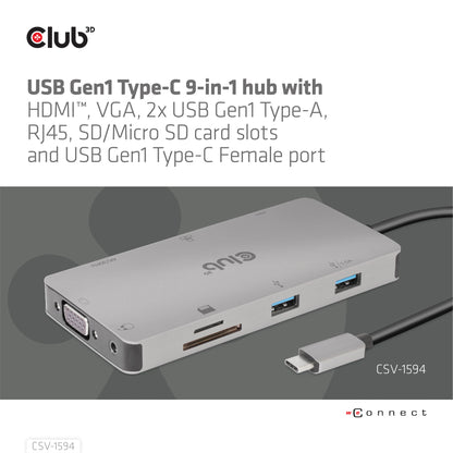 CLUB3D CSV-1594 dockningsstationer för bärbara datorer USB 3.2 Gen 1 (3.1 Gen 1) Type-C Svart, Grå