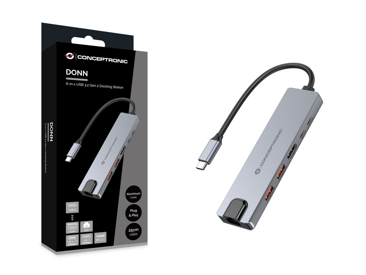 Conceptronic DONN29G dockningsstationer för bärbara datorer Kabel USB 3.2 Gen 2 (3.1 Gen 2) Type-C Grå