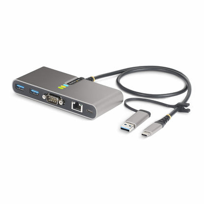StarTech.com USB-C-hubb med Ethernet och RS-232, ansluten USB-C till USB-A-dongel, 100 W pass-through-strömförsörjning, 2x USB-A 5 Gbps, Gigabit Ethernet, RS232 seriell (FTDI)
