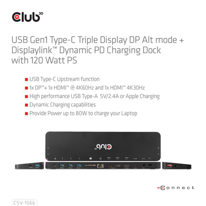 CLUB3D CSV-1566 dockningsstationer för bärbara datorer Dockning USB 3.2 Gen 1 (3.1 Gen 1) Type-C Svart