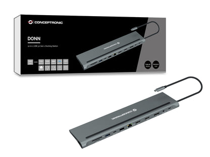 Conceptronic DONN17G dockningsstationer för bärbara datorer Kabel USB 3.2 Gen 1 (3.1 Gen 1) Type-C Grå
