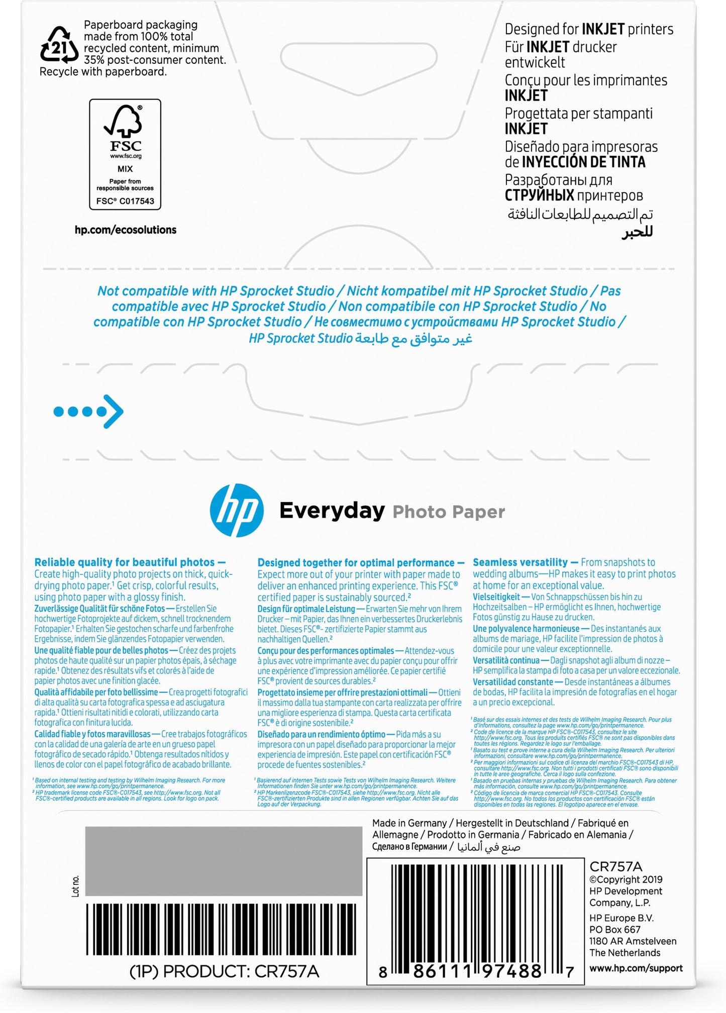 HP Everyday Photo-papper, glättat, 200 g/m2, 10 x 15 cm (101 x 152 mm), 100 ark