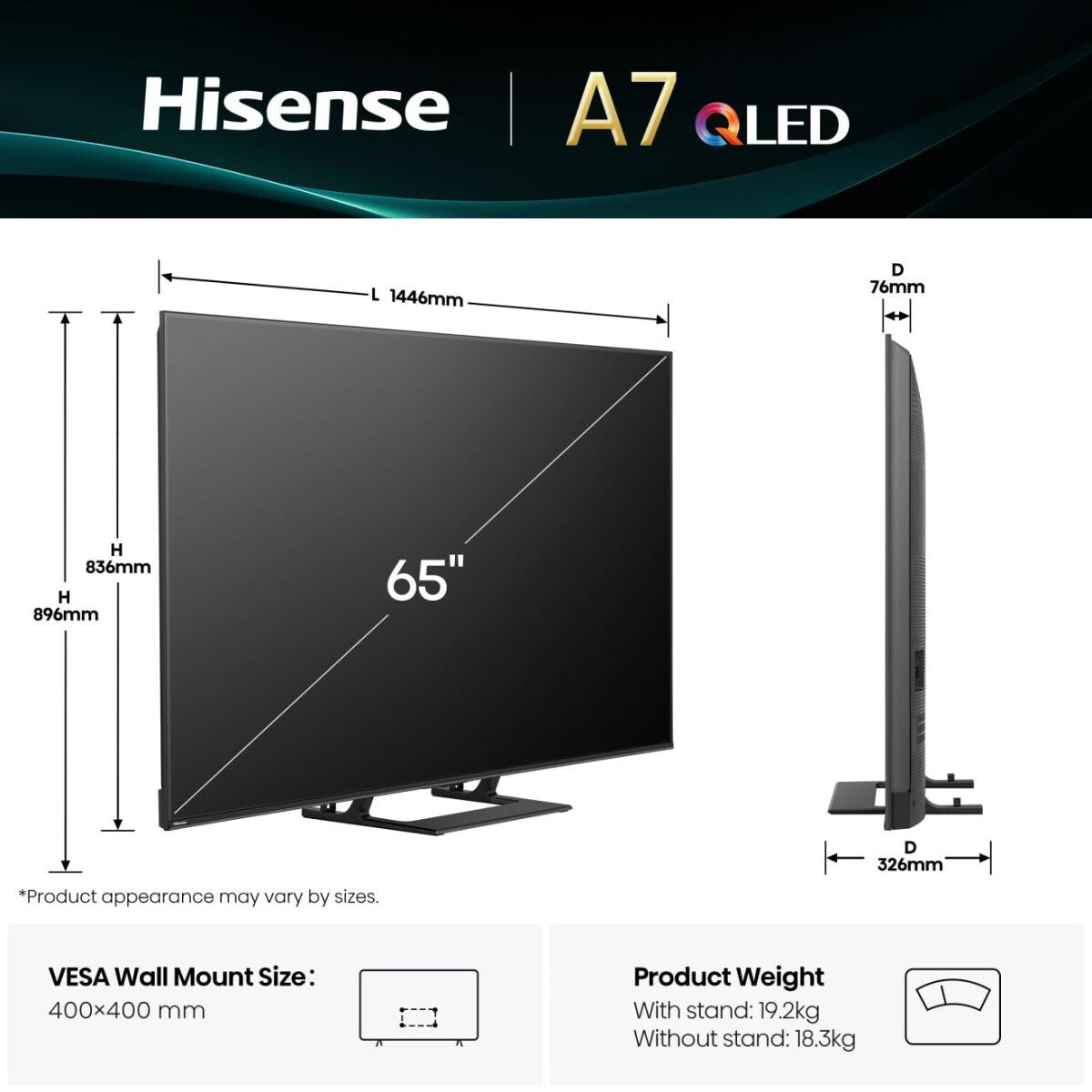 Hisense A7Q 65A7Q 165,1 cm (65") 4K Ultra HD Smart-TV Wi-Fi Svart 400 cd/m²