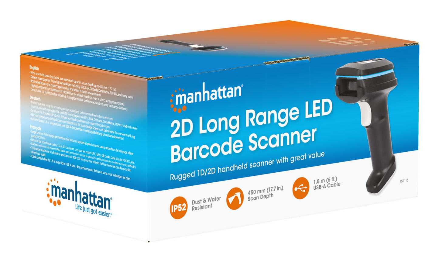 Manhattan 154116 streckkodsläsare Handhållen steckkodsläsare 1D/2D LED Svart