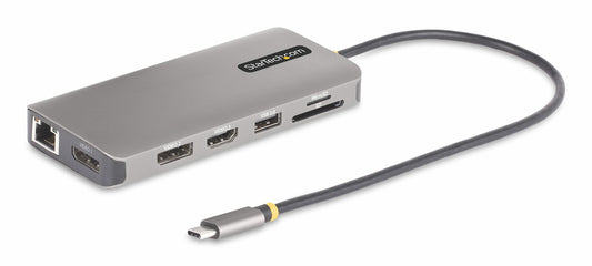 StarTech.com USB-C-multiportadapter för tre bildskärmar, dubbla 4K 60 Hz + 4K 30 Hz HDMI och DisplayPort, 4-portars USB-hubb, 100 W PD Pass-Through, GbE, SD/MicroSD-kortläsare