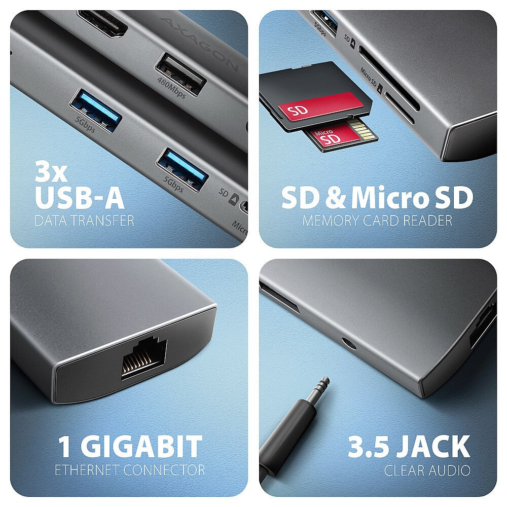 Axagon HMC-8HLSA dockningsstationer för bärbara datorer Kabel USB 3.2 Gen 1 (3.1 Gen 1) Type-C Grå
