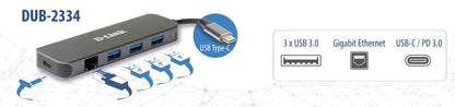 D-Link DUB-2334 dockningsstationer för bärbara datorer Kabel USB Type-C Grå