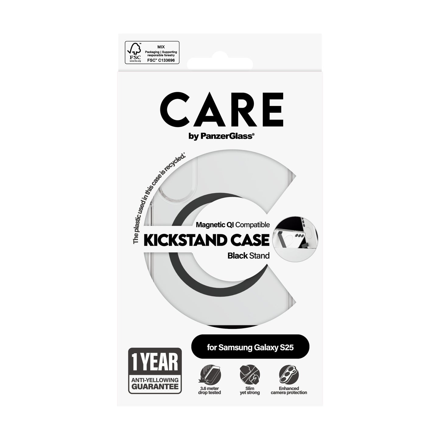 PanzerGlass CARE™ by ® Kickstand Case Transparent w. Qi Samsung Galaxy S25 mobiltelefonfodral Mobilskal