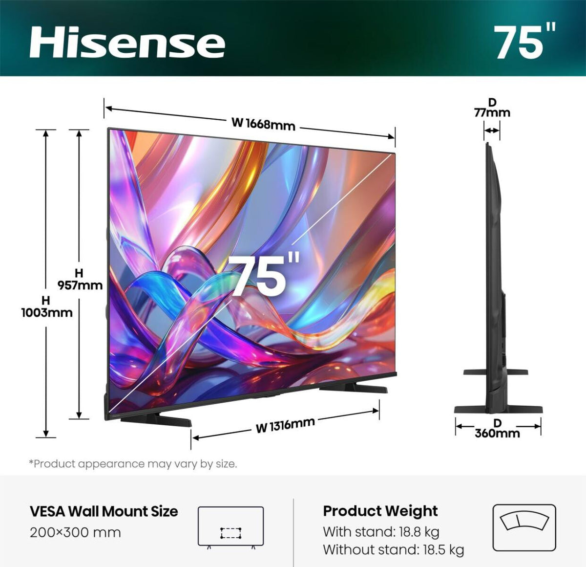Hisense 75E7S 190,5 cm (75") 4K Ultra HD Smart-TV Wi-Fi Svart 350 cd/m²