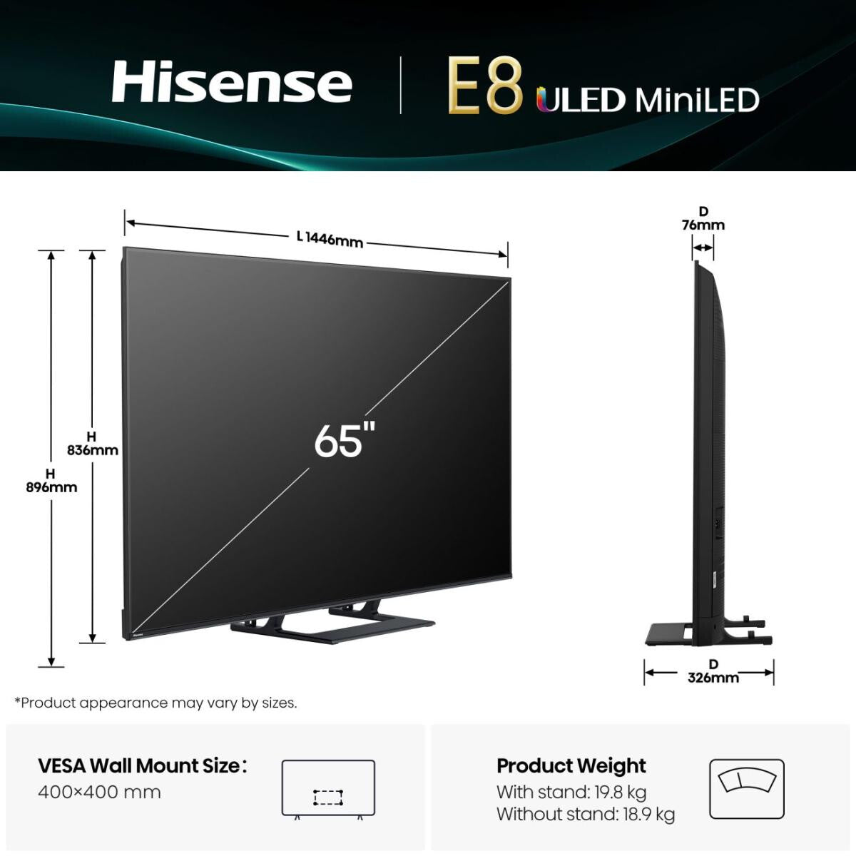 Hisense 65E8Q 165,1 cm (65") 4K Ultra HD Smart-TV Wi-Fi Svart, Grå 600 cd/m²