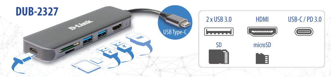 D-Link DUB-2327 dockningsstationer för bärbara datorer Kabel USB Type-C Grå