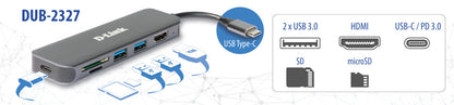 D-Link DUB-2327 dockningsstationer för bärbara datorer Kabel USB Type-C Grå