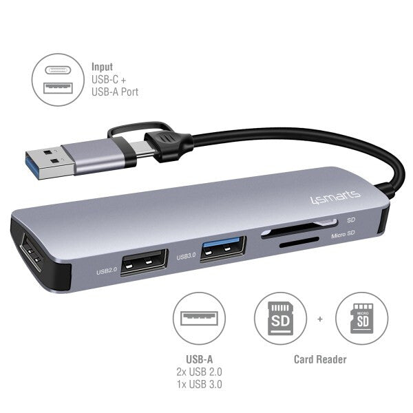4smarts 469630 dockningsstationer för bärbara datorer Kabel USB 3.2 Gen 1 (3.1 Gen 1) Type-A + Type-C Grå