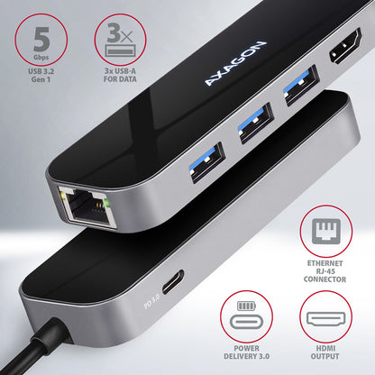 Axagon HMC-6GL dockningsstationer för bärbara datorer Kabel USB 3.2 Gen 1 (3.1 Gen 1) Type-C Svart, Grå
