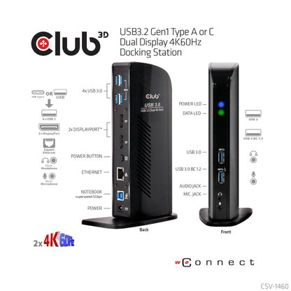 CLUB3D USB3.2 Gen1 Type A or C Dual Display 4K60Hz Docking Station