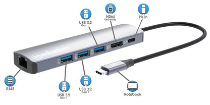 Manhattan 153959 dockningsstationer för bärbara datorer Kabel USB 3.2 Gen 1 (3.1 Gen 1) Type-C Silver