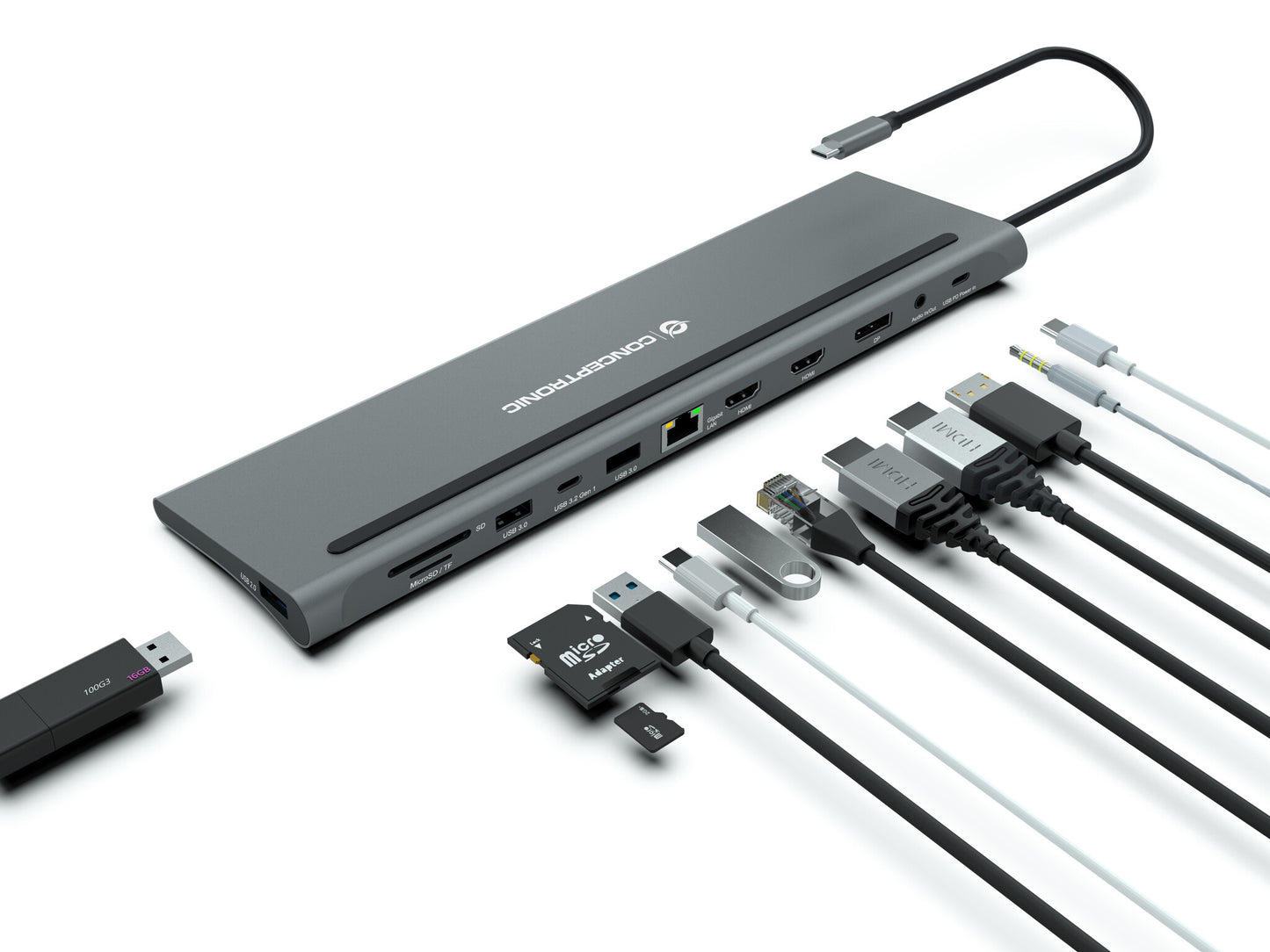 Conceptronic DONN17G dockningsstationer för bärbara datorer Kabel USB 3.2 Gen 1 (3.1 Gen 1) Type-C Grå