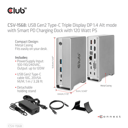 CLUB3D CSV-1568 dockningsstationer för bärbara datorer Dockning USB 3.2 Gen 2 (3.1 Gen 2) Type-C Metallisk