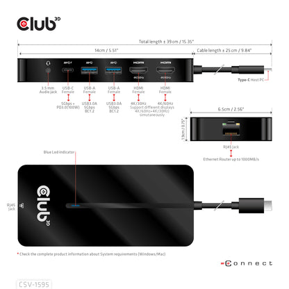 CLUB3D CSV-1595 dockningsstationer för bärbara datorer USB 3.2 Gen 1 (3.1 Gen 1) Type-C Svart