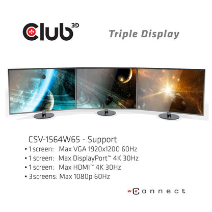 CLUB3D CSV-1564W65 dockningsstationer för bärbara datorer Dockning USB 3.2 Gen 1 (3.1 Gen 1) Type-C Svart