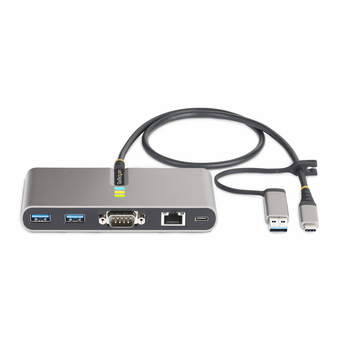 StarTech.com USB-C-hubb med Ethernet och RS-232, ansluten USB-C till USB-A-dongel, 100 W pass-through-strömförsörjning, 2x USB-A 5 Gbps, Gigabit Ethernet, RS232 seriell (FTDI)