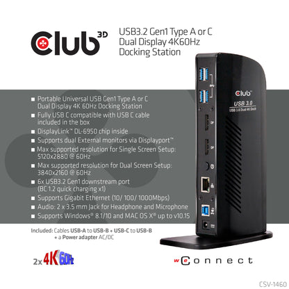 CLUB3D USB3.2 Gen1 Type A or C Dual Display 4K60Hz Docking Station