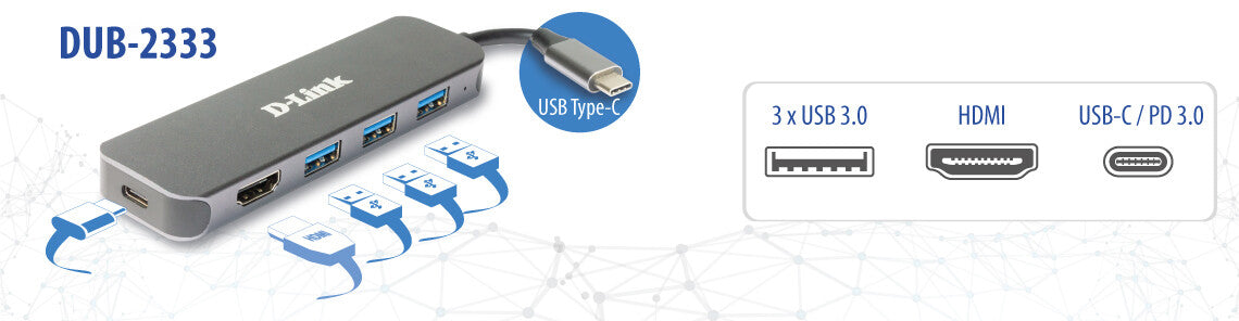D-Link DUB-2333 dockningsstationer för bärbara datorer Kabel USB Type-C Grå