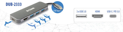 D-Link DUB-2333 dockningsstationer för bärbara datorer Kabel USB Type-C Grå