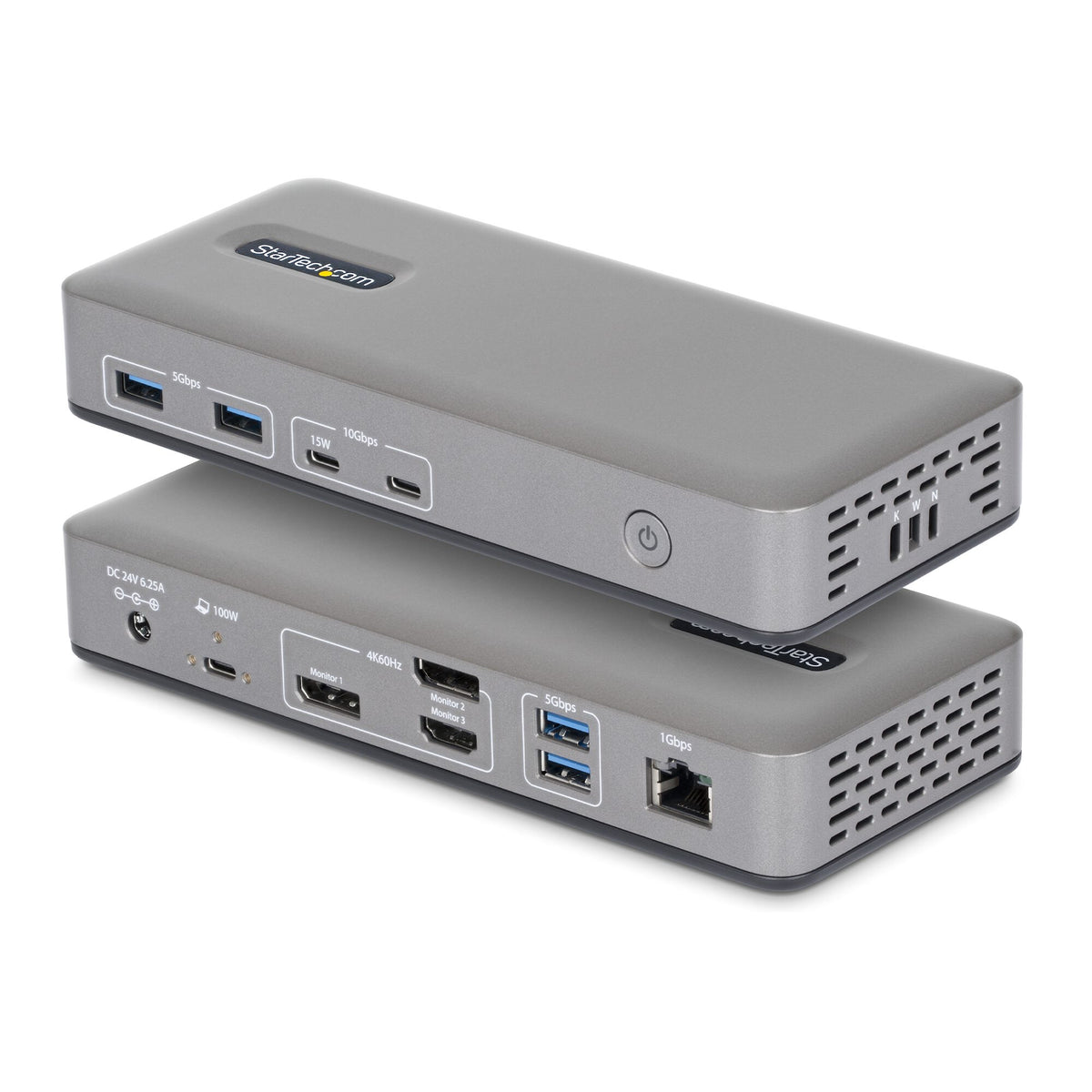 StarTech.com USB-C-dockningsstation för tredubbel monitor, DisplayPort/HDMI, 4K 60 Hz, 100 W laddning av bärbar dator, 1 GbE, drivrutinsfri, dockningsstation för flera skärmar för Windows