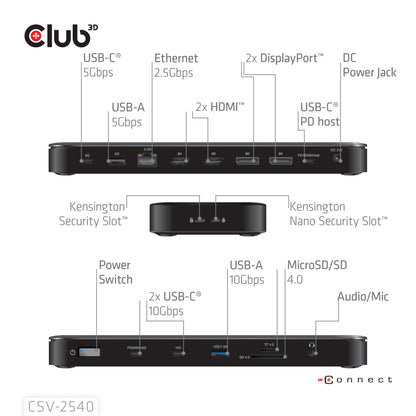 CLUB3D CSV-2540 dockningsstationer för bärbara datorer Dockning USB 3.2 Gen 1 (3.1 Gen 1) Type-C Svart