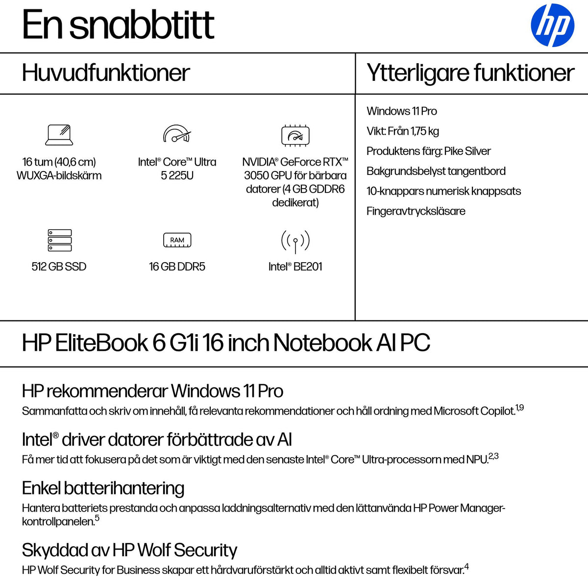 HP EliteBook 6 G1i Intel Core Ultra 5 225U Bärbar dator 40,6 cm (16") WUXGA 16 GB DDR5-SDRAM 512 GB SSD Wi-Fi 7 (802.11be) Windows 11 Pro AI PC Silver