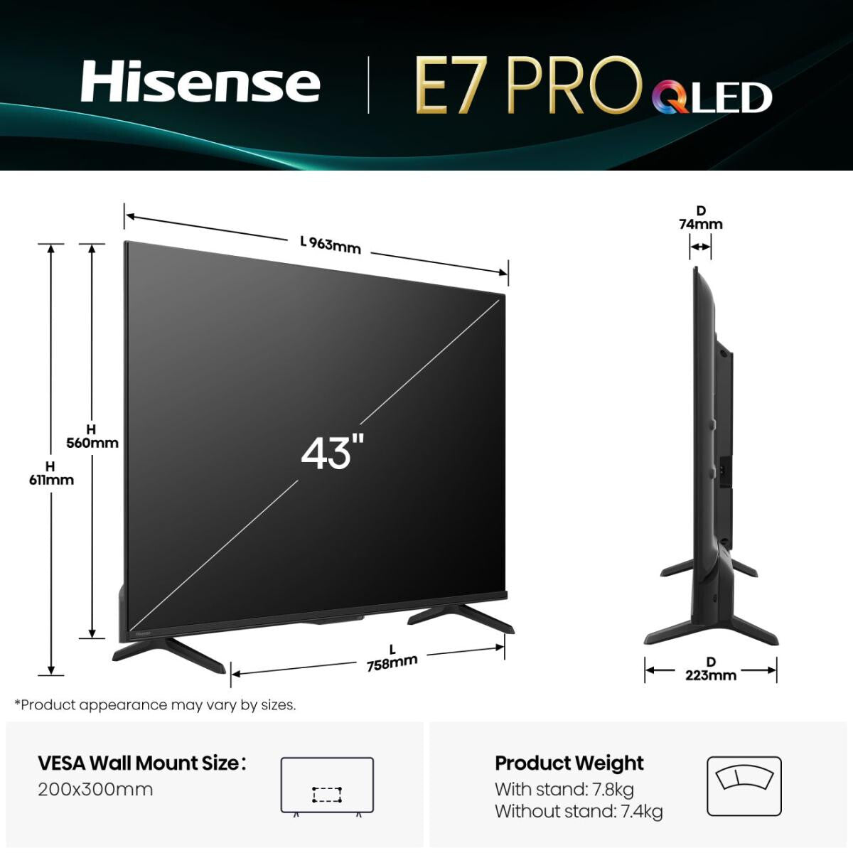Hisense 43E77Q PRO 109,2 cm (43") 4K Ultra HD Smart-TV Wi-Fi Svart