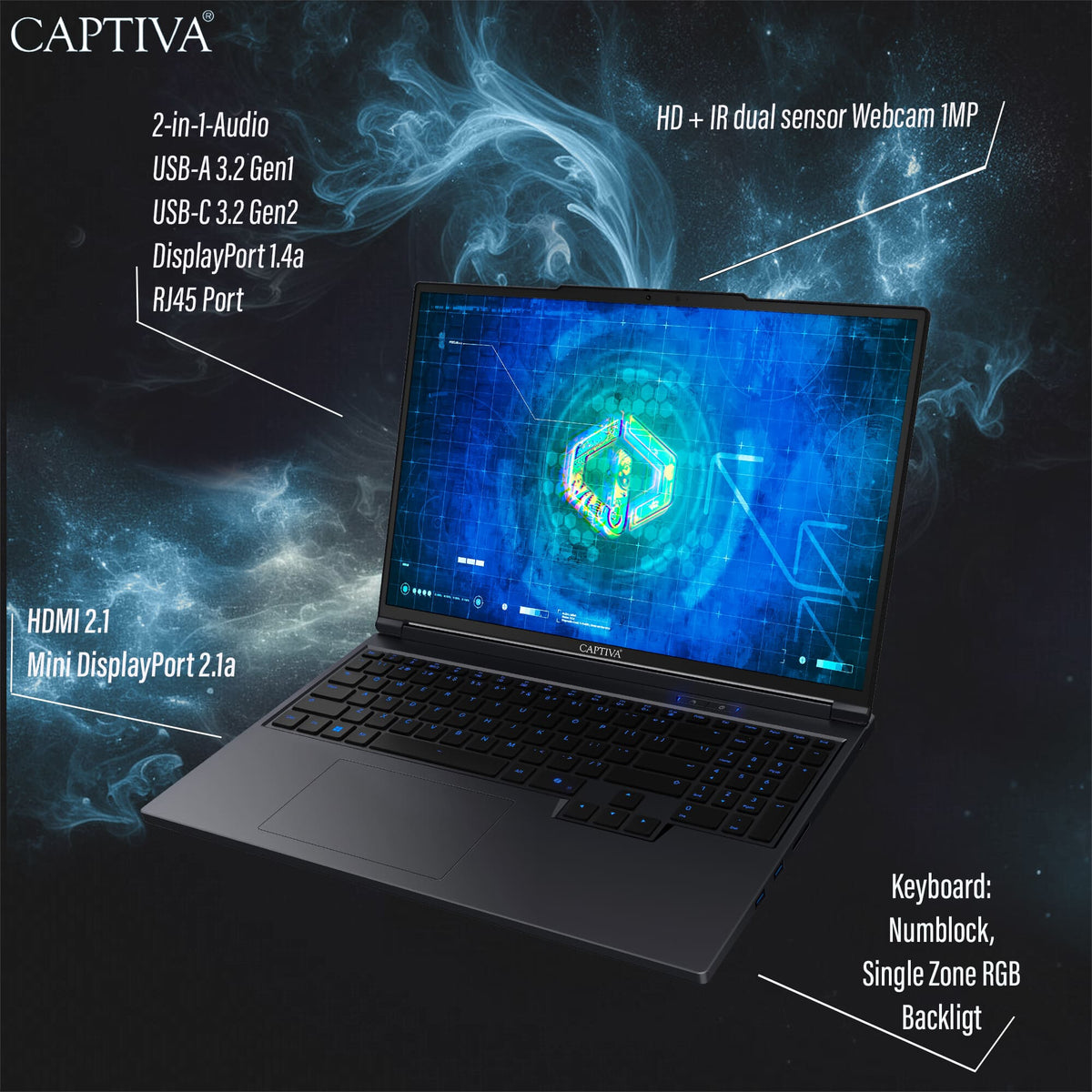 CAPTIVA 99480 bärbara datorer Intel® Core™ i9 i9-14900HX Bärbar dator 40,6 cm (16") WQXGA 16 GB DDR5-SDRAM SSD NVIDIA GeForce RTX 5070 Ti Wi-Fi 6 (802.11ax) Windows 11 Home tyska Svart