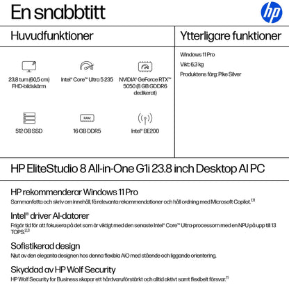 HP EliteStudio 8 AiO G1i U523516GB/512PC Intel Core Ultra 5 235 60,5 cm (23.8") 1920 x 1080 pixlar Allt-i-ett-dator 16 GB DDR5-SDRAM 512 GB SSD Windows 11 Pro Wi-Fi 7 (802.11be) AI PC Silver