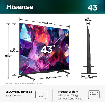 Hisense 43E7S PRO 109,2 cm (43") 4K Ultra HD Smart-TV Wi-Fi Svart 300 cd/m²